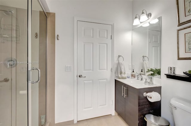 bathroom featuring tile patterned flooring, toilet, a stall shower, and vanity
