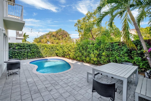 view of swimming pool with a patio, a fenced backyard, and a fenced in pool