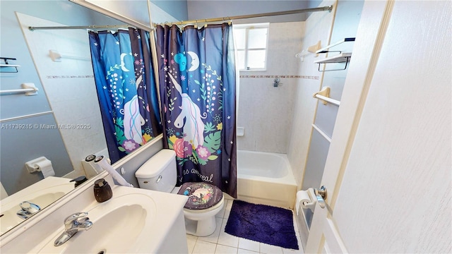 bathroom with toilet, tile patterned flooring, shower / bath combo, and vanity