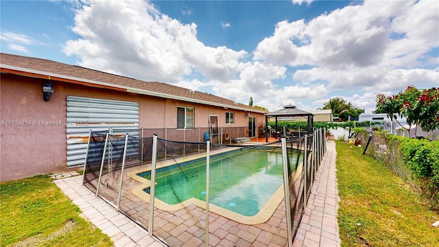 view of swimming pool featuring a fenced in pool, a patio, a gazebo, and fence private yard