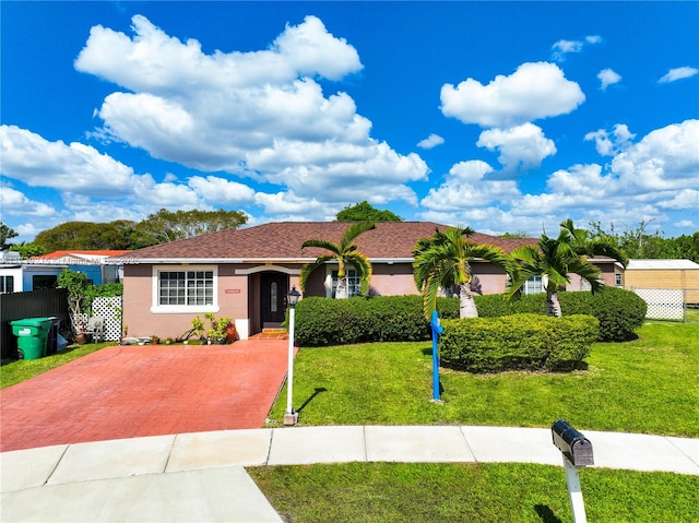 single story home featuring fence, stucco siding, and a front yard