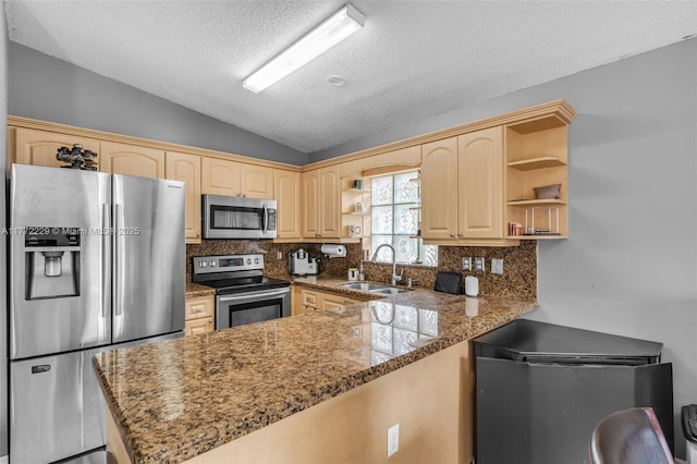 12332 NW 97th Ct, Hialeah Gardens, FL 33018 - kitchen featuring stainless steel appliances, open shelves, a sink, light brown cabinets, and lofted ceiling