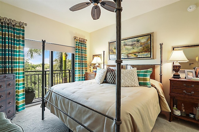 carpeted bedroom with multiple windows, access to outside, and a ceiling fan