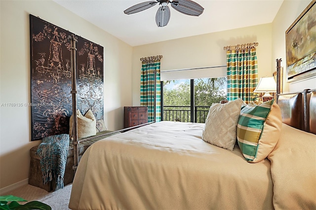 bedroom with access to outside, carpet floors, a ceiling fan, and baseboards