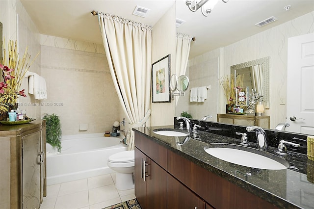 full bathroom featuring tile patterned floors, toilet, shower / tub combo with curtain, and double vanity