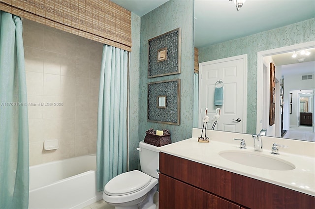 full bath with wallpapered walls, toilet, shower / bath combination with curtain, and vanity
