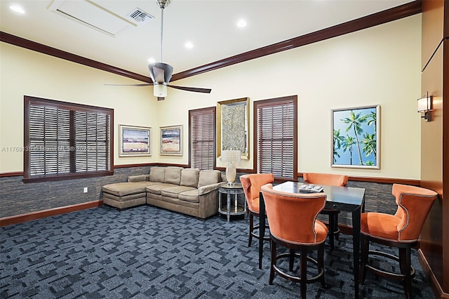 dining area featuring ornamental molding, ceiling fan, dark carpet, recessed lighting, and baseboards