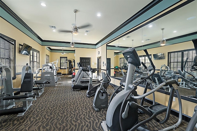 gym with crown molding, ceiling fan, recessed lighting, and carpet floors