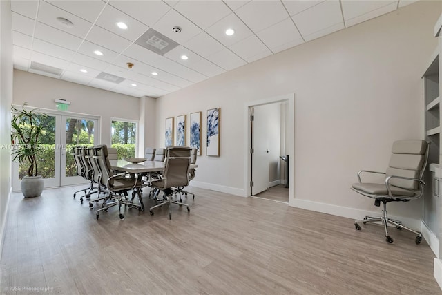 2645 S Bayshore Dr Unit 902, Miami, FL 33133 - dining room featuring french doors, baseboards, wood finished floors, a drop ceiling, and recessed lighting