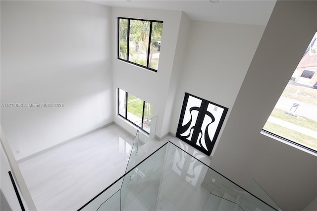 entryway with baseboards, a high ceiling, and a healthy amount of sunlight