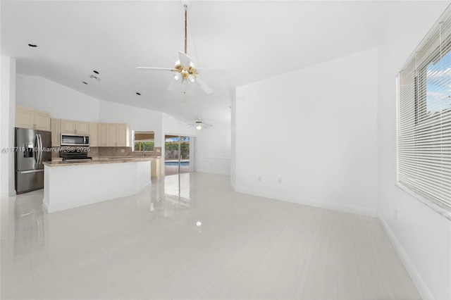 1400 SW 54th Ave, Plantation, FL 33317 - unfurnished living room with a ceiling fan, light tile patterned flooring, and high vaulted ceiling