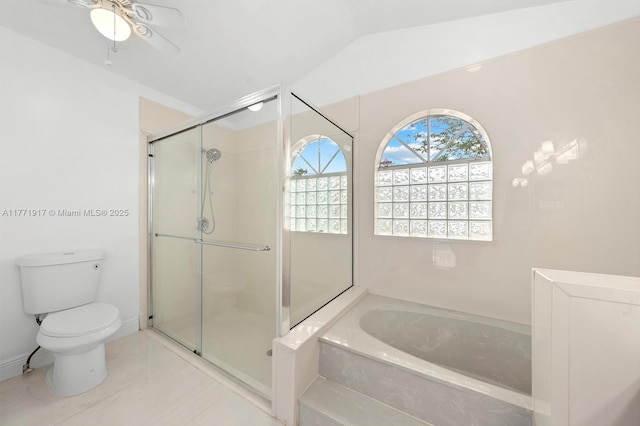 1400 SW 54th Ave, Plantation, FL 33317 - full bathroom featuring a garden tub, toilet, a shower stall, vaulted ceiling, and tile patterned flooring