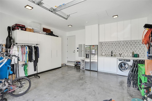 2421 NE 199th St, Miami, FL 33180 - garage featuring a sink, washer / clothes dryer, stainless steel fridge with ice dispenser, and electric panel