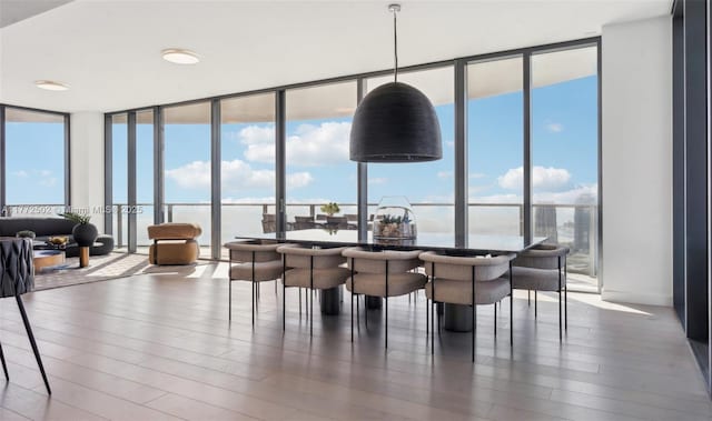 dining room with a wall of windows and wood finished floors