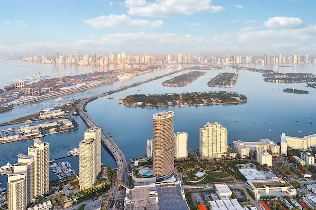 bird's eye view featuring a city view and a water view