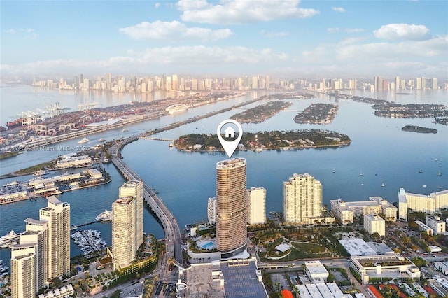 bird's eye view featuring a city view and a water view