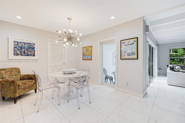 dining room with baseboards, vaulted ceiling, recessed lighting, and a chandelier