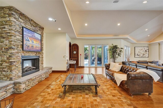 17801 SW 50th St, Southwest Ranches, FL 33331 - living room with recessed lighting, a stone fireplace, baseboards, and wood finished floors
