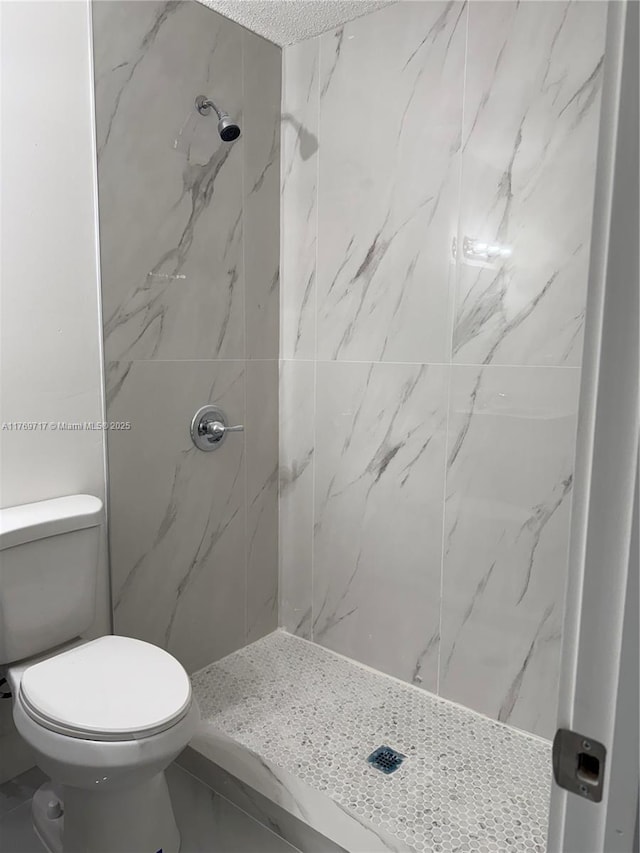 bathroom featuring toilet and a marble finish shower
