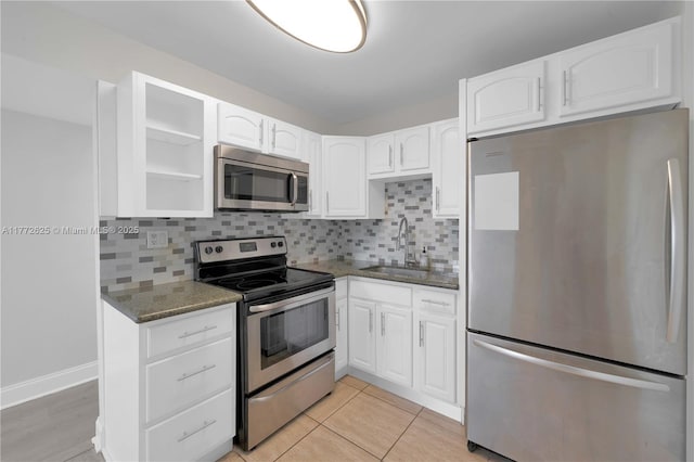 kitchen with decorative backsplash, white cabinets, a sink, dark stone countertops, and stainless steel appliances