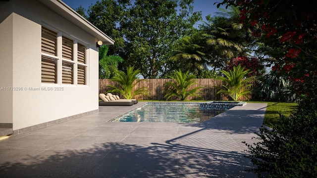 view of swimming pool featuring a fenced in pool, fence, and a patio