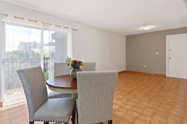 dining room with a textured ceiling, baseboards, and light floors