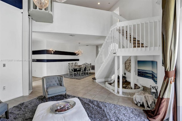 721 Ranch Rd, Weston, FL 33326 - living room with a chandelier, stairway, tile patterned flooring, and recessed lighting