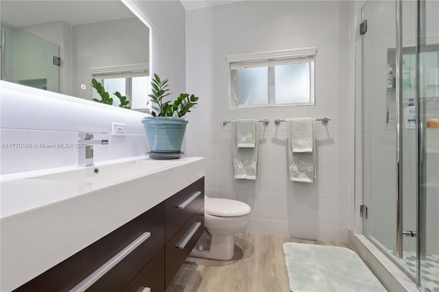 bathroom with vanity, tile walls, a stall shower, and a healthy amount of sunlight