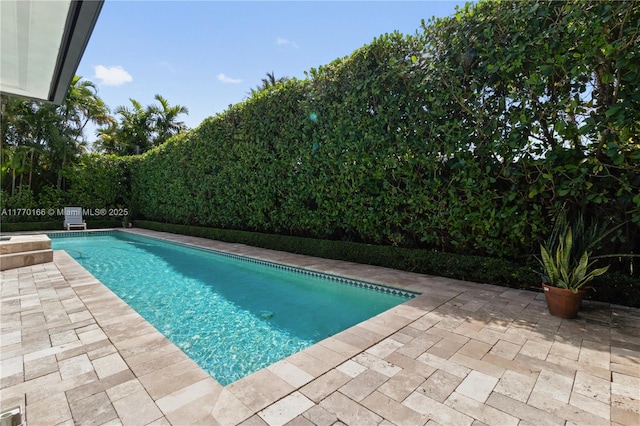 view of swimming pool featuring a patio area, a fenced backyard, and a fenced in pool