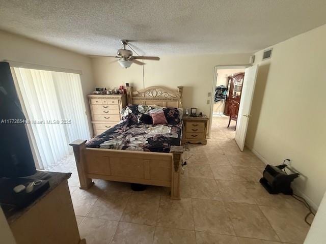 bedroom featuring access to exterior, a ceiling fan, visible vents, and a textured ceiling