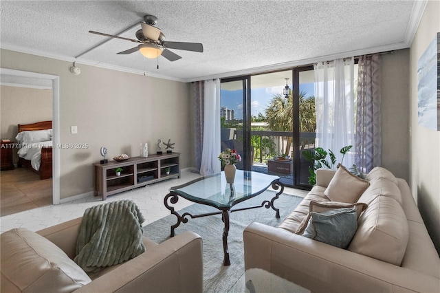 4800 Bayview Dr Unit 402, Fort Lauderdale, FL 33308 - living area featuring floor to ceiling windows, ceiling fan, and crown molding