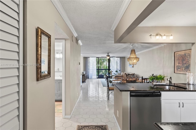 4800 Bayview Dr Unit 402, Fort Lauderdale, FL 33308 - kitchen with crown molding, a textured ceiling, a sink, dishwasher, and white cabinets