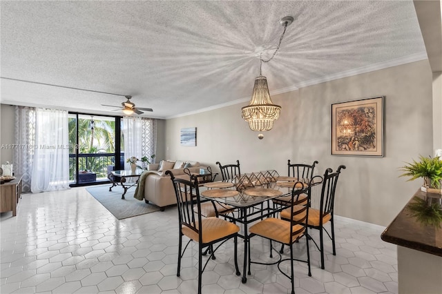 4800 Bayview Dr Unit 402, Fort Lauderdale, FL 33308 - dining area with baseboards, ceiling fan with notable chandelier, ornamental molding, and light tile patterned floors