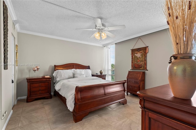 4800 Bayview Dr Unit 402, Fort Lauderdale, FL 33308 - bedroom with light tile patterned floors, ornamental molding, ceiling fan, and a textured ceiling