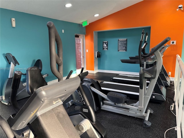 exercise room featuring lofted ceiling and recessed lighting