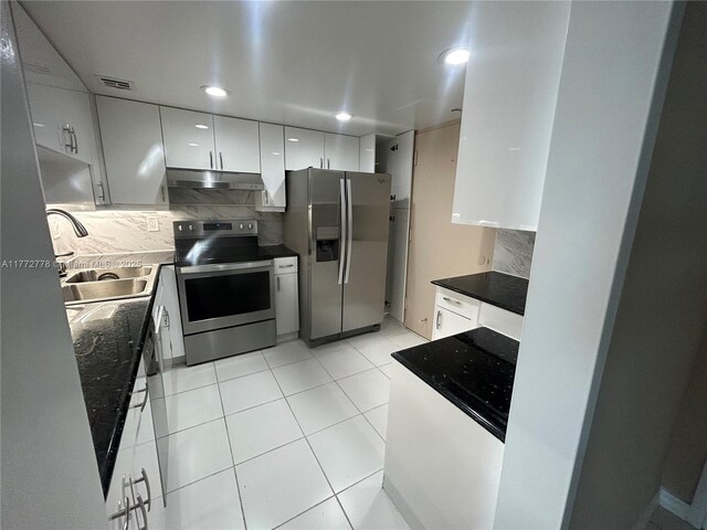 5701 Collins Ave Unit 812, Miami Beach, FL 33140 - kitchen featuring appliances with stainless steel finishes, under cabinet range hood, decorative backsplash, white cabinets, and dark countertops