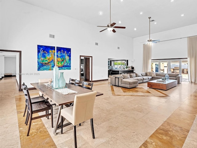 9461 SW 128th St, Miami, FL 33176 - dining room with visible vents, a high ceiling, ceiling fan, and recessed lighting