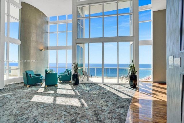 living area with wood finished floors, a high ceiling, and a water view