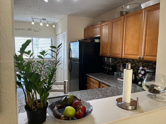 9491 N Palm Cir N Unit 9491, Pembroke Pines, FL 33025 - kitchen with tasteful backsplash, brown cabinetry, a textured ceiling, and freestanding refrigerator