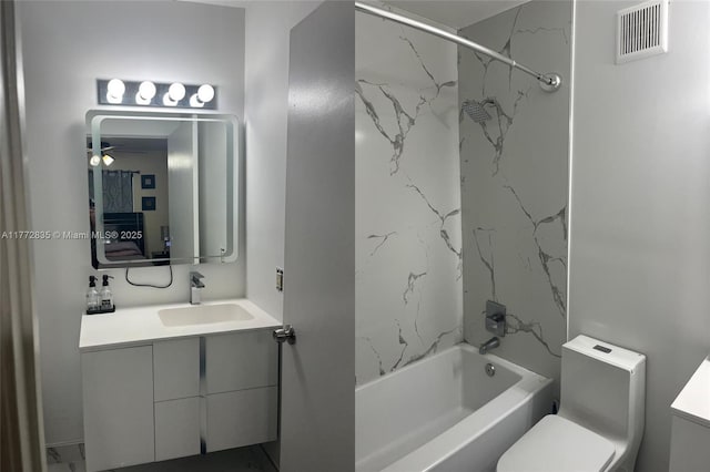 9491 N Palm Cir N Unit 9491, Pembroke Pines, FL 33025 - full bathroom with ceiling fan, vanity, shower / bathtub combination, toilet, and visible vents