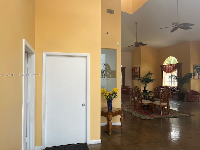9491 N Palm Cir N Unit 9491, Pembroke Pines, FL 33025 - interior space featuring high vaulted ceiling, ceiling fan, tile patterned flooring, and visible vents