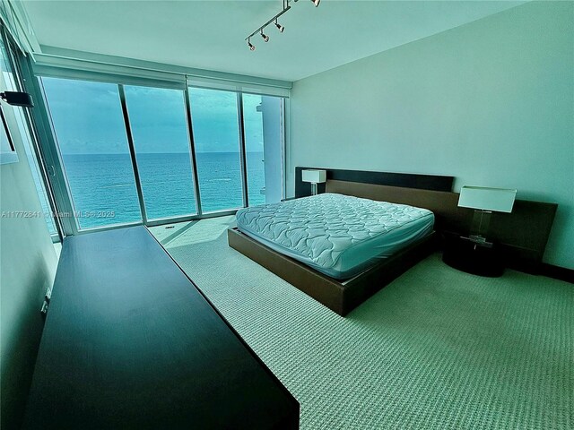 17001 Collins Ave Unit 2508, Sunny Isles Beach, FL 33160 - bedroom with a wall of windows, a water view, rail lighting, and carpet
