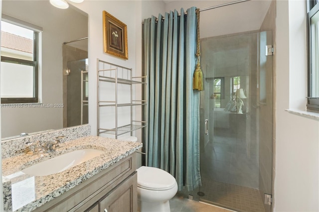 full bathroom with a shower stall, toilet, and vanity