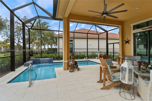 view of swimming pool with ceiling fan, a fenced in pool, glass enclosure, and a patio
