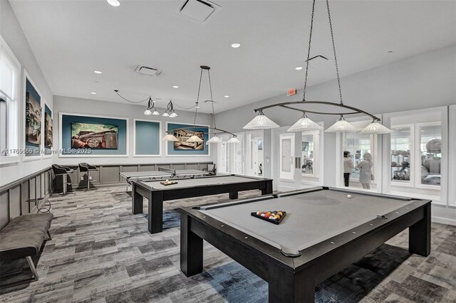 playroom with recessed lighting, a decorative wall, and billiards