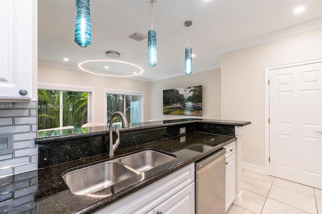 1747 NE 4th Ave Unit F2, Fort Lauderdale, FL 33305 - kitchen featuring a sink, dark stone countertops, visible vents, stainless steel dishwasher, and white cabinets