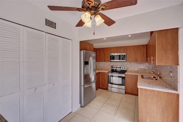2030 Bayberry Dr Unit 2030, Pembroke Pines, FL 33024 - kitchen featuring appliances with stainless steel finishes, a sink, brown cabinetry, backsplash, and light tile patterned floors