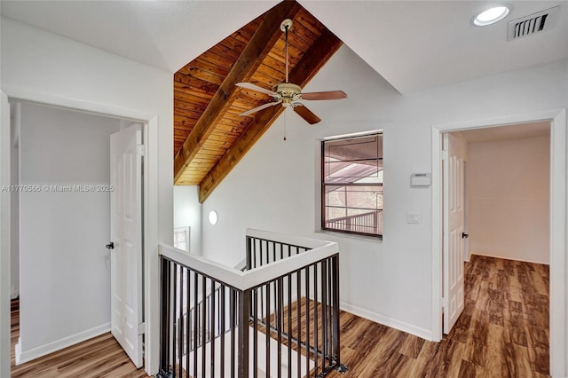 2030 Bayberry Dr Unit 2030, Pembroke Pines, FL 33024 - corridor featuring an upstairs landing, wood finished floors, baseboards, and wood ceiling