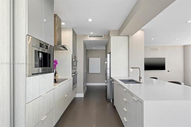 kitchen with ventilation hood, stainless steel appliances, light countertops, a sink, and modern cabinets
