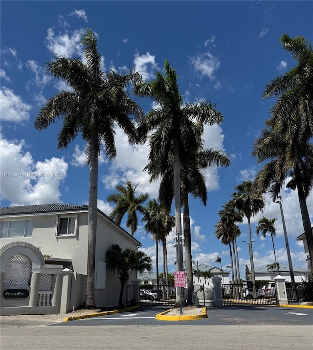 view of road with a gated entry, a gate, and curbs